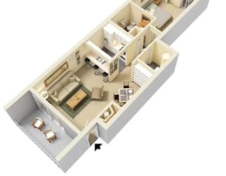 1 Bed, 1 Bath, 709 sq ft, Poplar floor plan