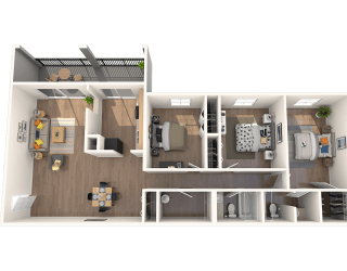 Pet-Friendly Apartments in Tampa, FL – Belara Lakes – 3D floorplan of our 3 bed, 2 bath, 1450 sq. ft. Osprey Floorplan