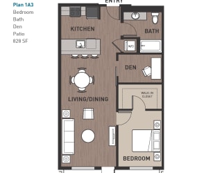 Floor Plan 1 Bedroom Plan 1A3 with Patio