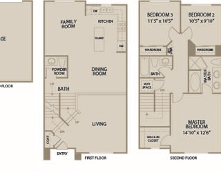 3 bed 2.5 Bath 1582 square feet floor plan Plan A