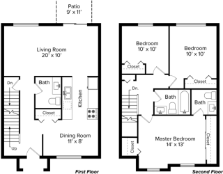 two floor plan of a house with bedrooms and a dining room and a living room