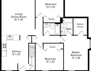 the floor plan of a bedroom apartment with a bedroom and a living room