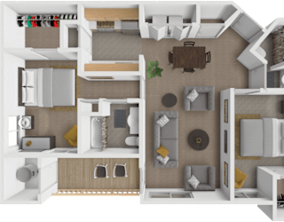 A 3D rendered image of a house layout.