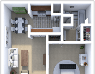 1 bedroom, 1 bath Juniper floor plan at Saddlecreek Apartments