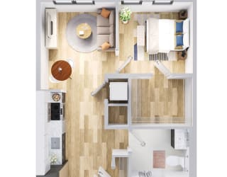 Duo one bedroom apartment floor plan with large closet, energy efficient appliances, and vinyl flooring.