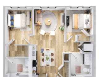 Duo two bedroom apartment floor plan with large closet, energy efficient appliances, and vinyl flooring.