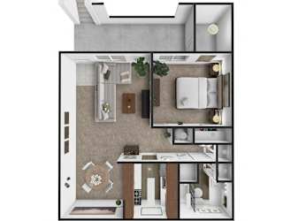 A top-down view of a small apartment with a kitchen, living room, and bathroom.
