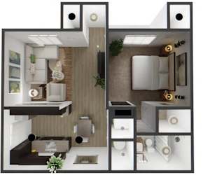 A 3D floor plan of a house with a kitchen, living room, and bathroom.