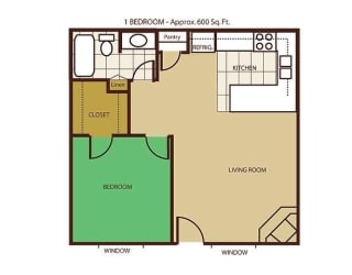 1 Bed Floor Plan at Mountain View Villa Apartments, Arizona