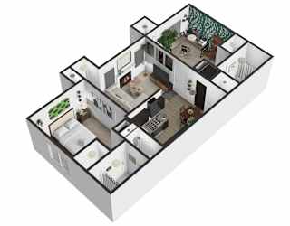 A 3D floor plan of a house with a kitchen, living room, and two bedrooms.