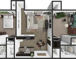 A 3D floor plan of a house with a kitchen, living room, and bathroom.