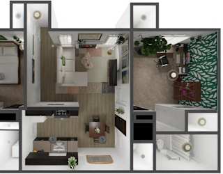 A 3D rendered image of a modern apartment layout.