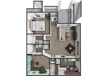 A floor plan of a house with a kitchen, living room, and bathroom.