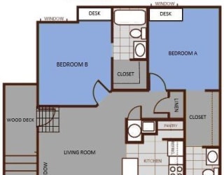 Two Bedroom Floor Plan at Highland Village Apartments, Flagstaff, AZ