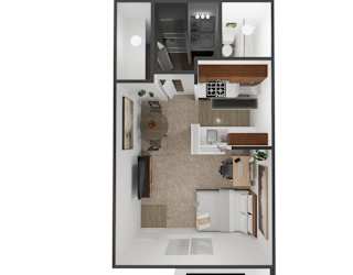 A top-down view of a kitchen with a dining table and chairs.