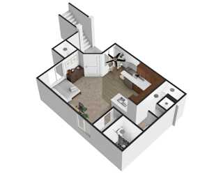 A 3D floor plan of a house with a kitchen, living room, and two bedrooms.
