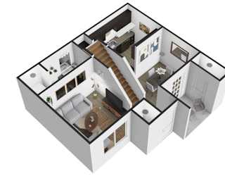 A 3D floor plan of a house with multiple rooms.