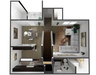 A modern interior design of a house with a kitchen, living room, and bathroom.
