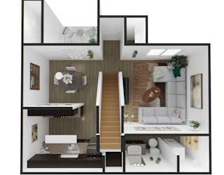 A 3D rendered image of a modern apartment layout.