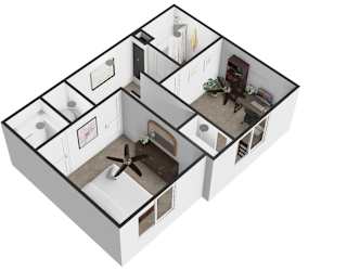 A 3D floor plan of a house with a kitchen, living room, and two bedrooms.