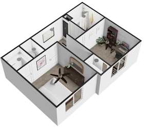 A 3D floor plan of a house with a kitchen, living room, and two bedrooms.