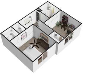 A 3D floor plan of a small apartment with a kitchen, living room, and bathroom.
