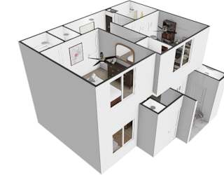 A 3D image of a house with multiple rooms.