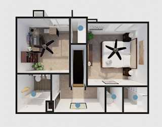A top down view of a house layout with a kitchen, living room, and bathroom.