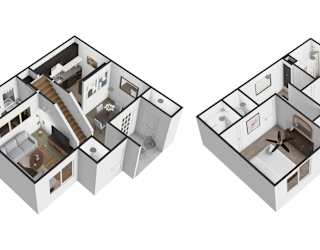 Two 3D floor plans of a house are shown.