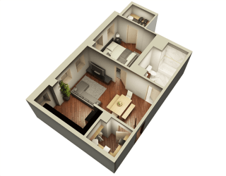 1 Bed 1 Bath 632 sqft 3D Floor Plan at Somerset Place Apartments, Chicago, 60640
