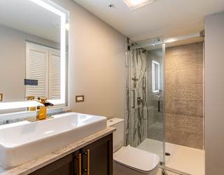 a bathroom with a sink and a shower