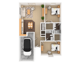 Diamond 2 Bedroom 2 Bathroom Duplex, 1077 sq. ft., at Barton Farms Apartments and Duplexes in Greenwood, IN 46143