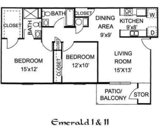 Emerald 2 Bedroom 2 Bathroom, 993 sq. ft., at Barton Farms Apartments and Duplexes in Greenwood, IN 46143