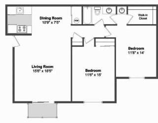 2 Bed Room Floor Plan at Meadow View Apartments and Townhomes, Ohio, 45066