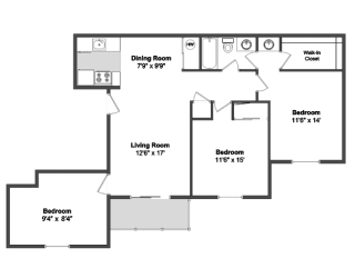 3 Bed Room Floor Plan at Meadow View Apartments and Townhomes, Springboro, OH, 45066
