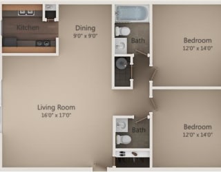 The Hemlock Floor Plan at Camelot East Apartments, Fairfield, 45014