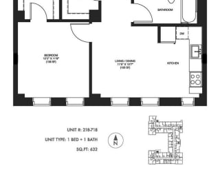 1 Bedroom 1 Bathroom 632 sqft 2D floorplan at Somerset Place Apartments in Chicago, IL 60640