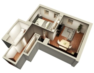 1 Bed 1 Bath 743 sq. ft. 3D Floorplan at Somerset Place Apartments, Chicago, IL 60640