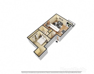 1 Bedroom, 1 Bathroom 3D View Floor Plan at Sandstone Court Apartments, Greenwood, IN, 46142