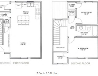 two floor plan of a house with bedrooms and baths