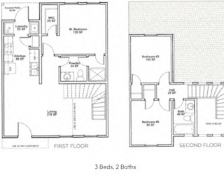 two plans of a floor plan with bedrooms and baths