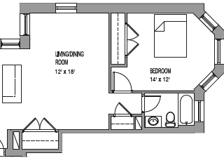 a floor plan of a studio apartment with a bedroom and a living room