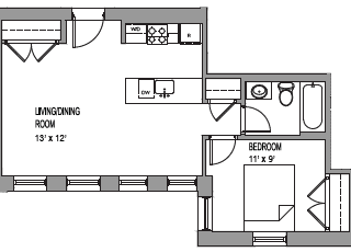 a floor plan of a small house with a bedroom and a living room