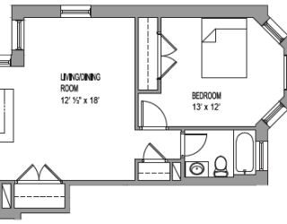 a floor plan of a small house with a bedroom and a living room