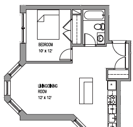 a floor plan of a small house with a bedroom and a living room