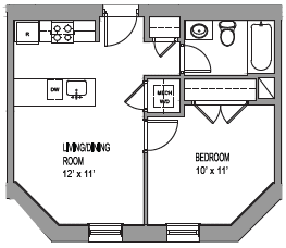 a floor plan of a small house with a bedroom and a living room