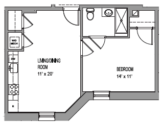 a floor plan of a small house with a bedroom and a living room