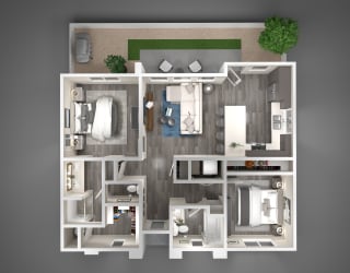 a 3d rendering of a floor plan with a bedroom and a bathroom