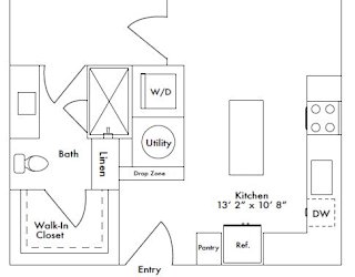 Floor plan layout of 624 sf one-bedroom apartment with a balcony.