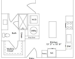 Floor plan layout of 628 sf one-bedroom apartment.